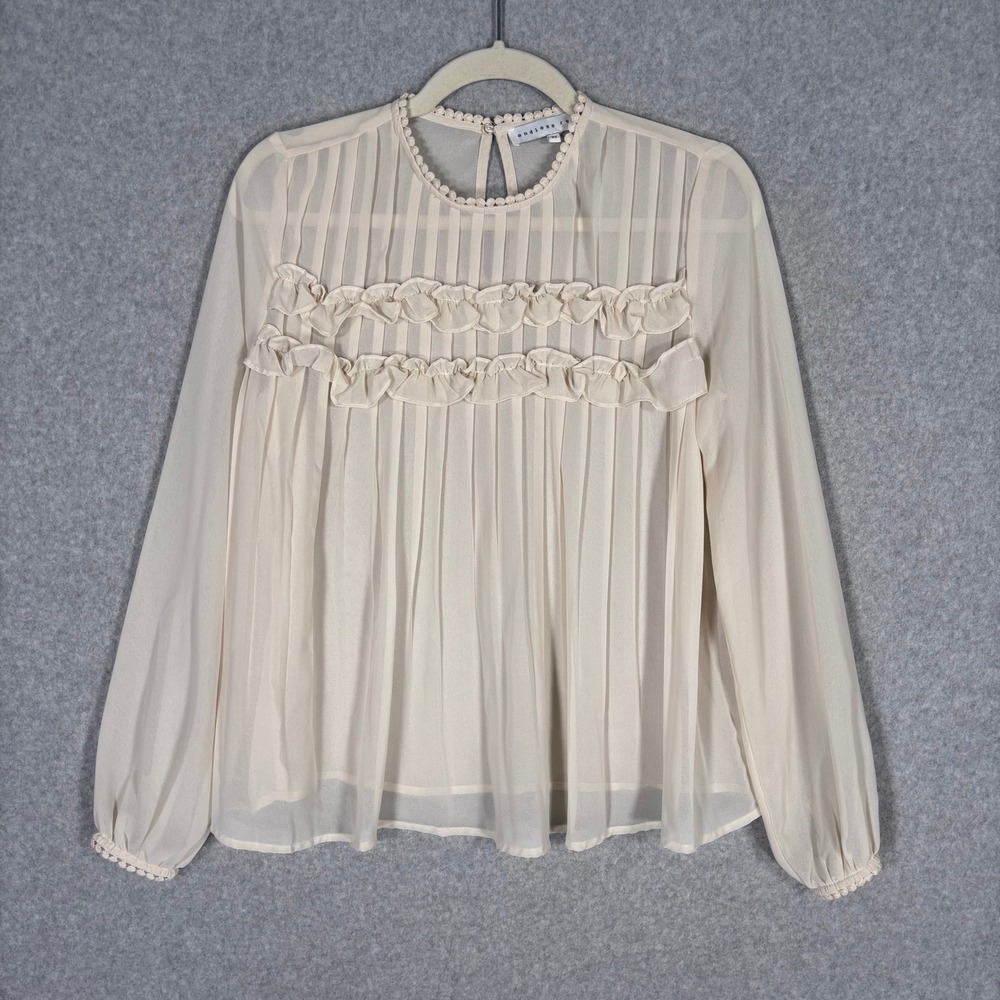 Endless Rose Babydoll Coquette Blouse XS Cream Pleated Ruffle Pom Pom Trim Sheer